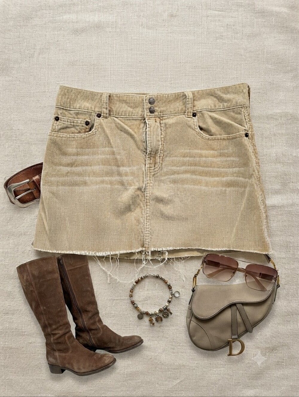 Y2K Abercrombie & Fitch Tan Corduroy Mini Skirt With Distressed Hem